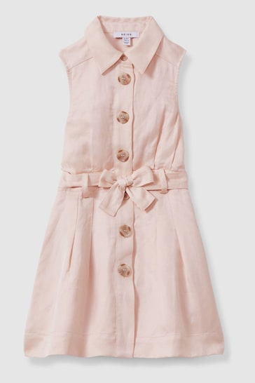 Reiss Pink Milena Teen Viscose-Linen Belted Collared Dress
