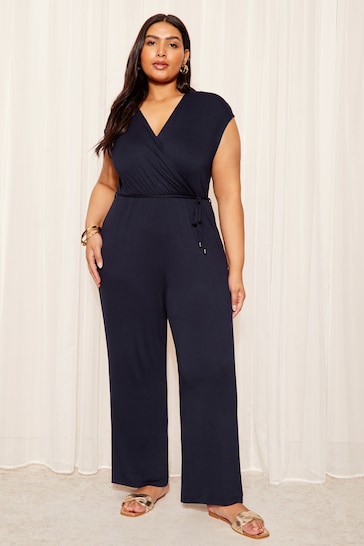 Friends Like These Navy Curve Jersey Wide Leg Wrap Style V Neck Summer Jumpsuit