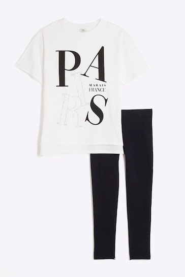River Island White Girls Paris T-Shirt and Legging Set