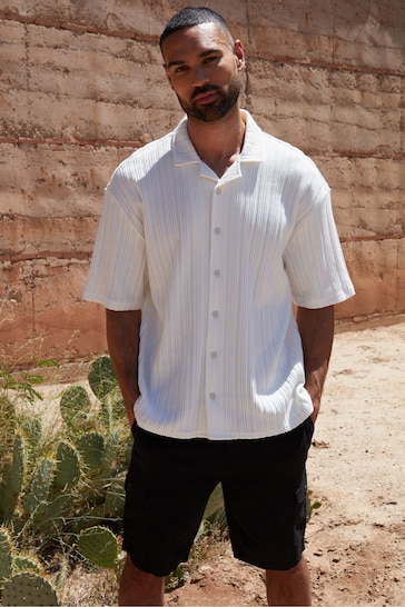 Threadbare White Cotton Revere Collar Textured Stripe Short Sleeve Shirt