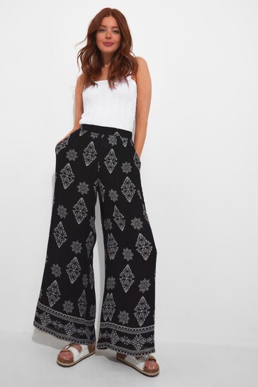 Joe Browns Black Crinkle Border Print Wide Leg Beach Trousers