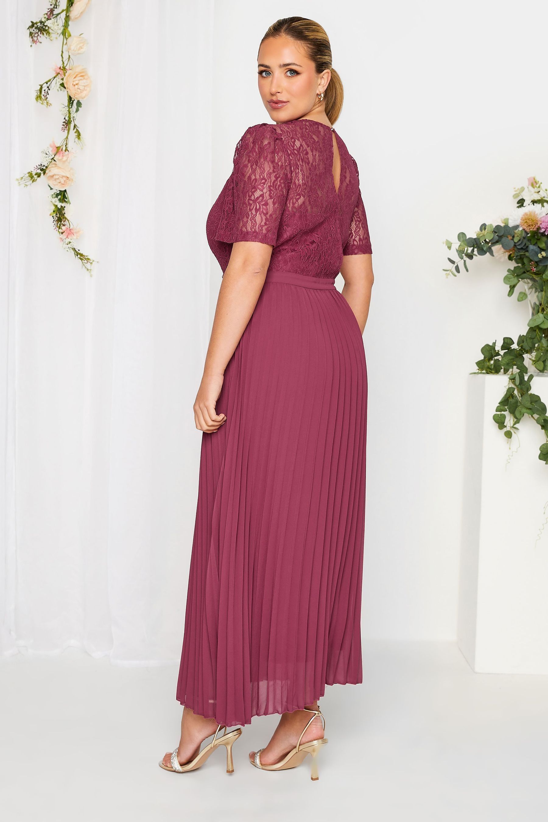Buy Yours Curve Burgundy Red London Occasion Lace Puff Sleeve Pleat Maxi Dress from the Next UK online shop