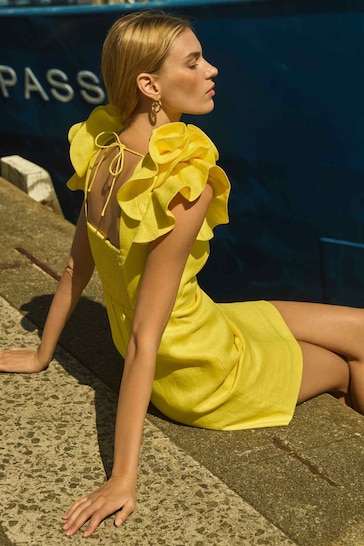 Forever New Yellow Pure Linen Mackenzie Ruffle Sleeves Mini Dress