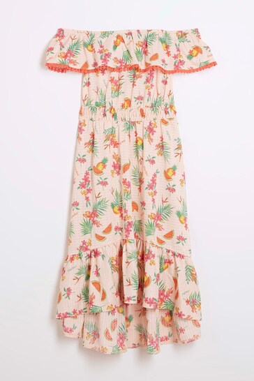 River Island Pink Girls Melon Printed Bardot Dress