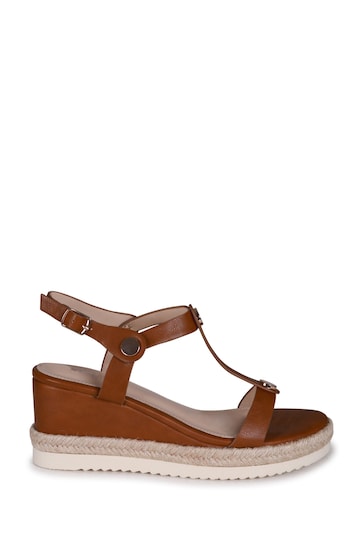 Linzi Brown Coralie Strappy Wedge Sandals With Gold Button Detail