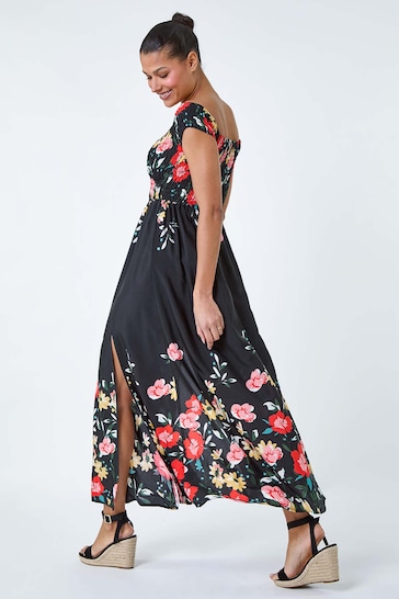 Roman Black Floral Shirred Bardot Maxi Dress
