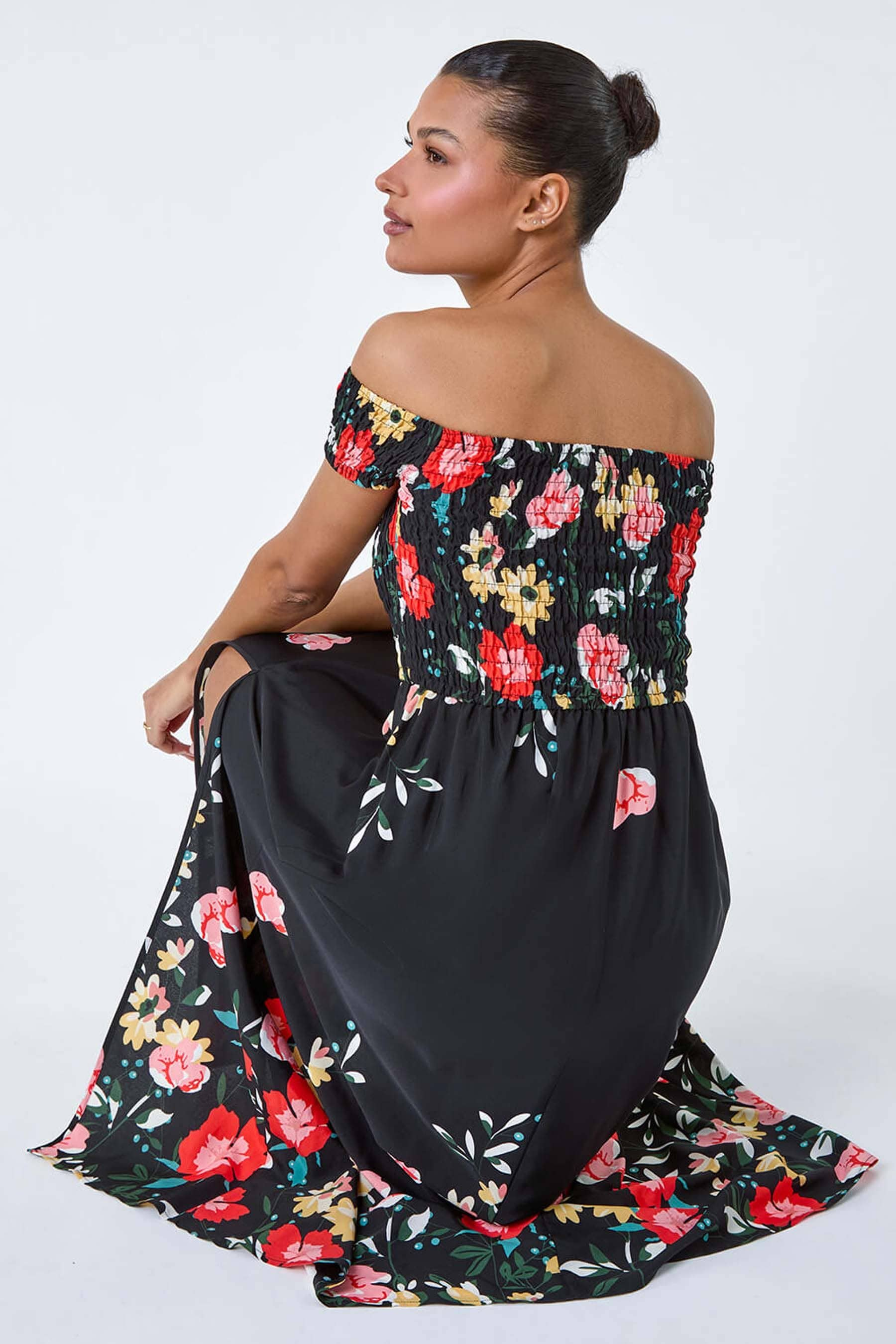 Buy Roman Black Floral Shirred Bardot Maxi Dress from the Next UK online shop