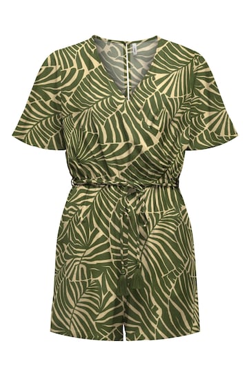 ONLY Green Plam Print Playsuit With A Touch Of Linen