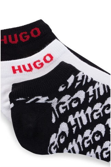 HUGO Three-Pack Of Cotton-Blend Ankle Black Socks With Logos