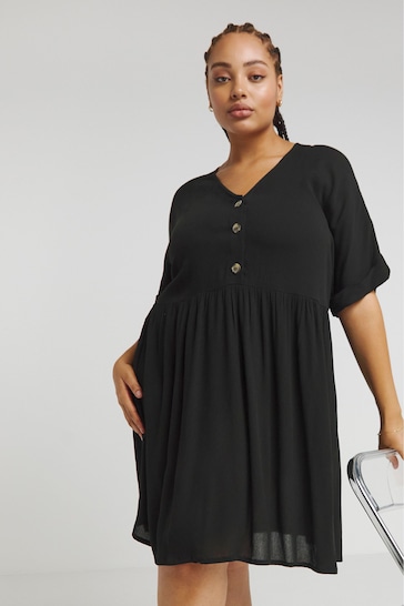Simply Be Crinkle Button Through Smock Black Dress With Pockets