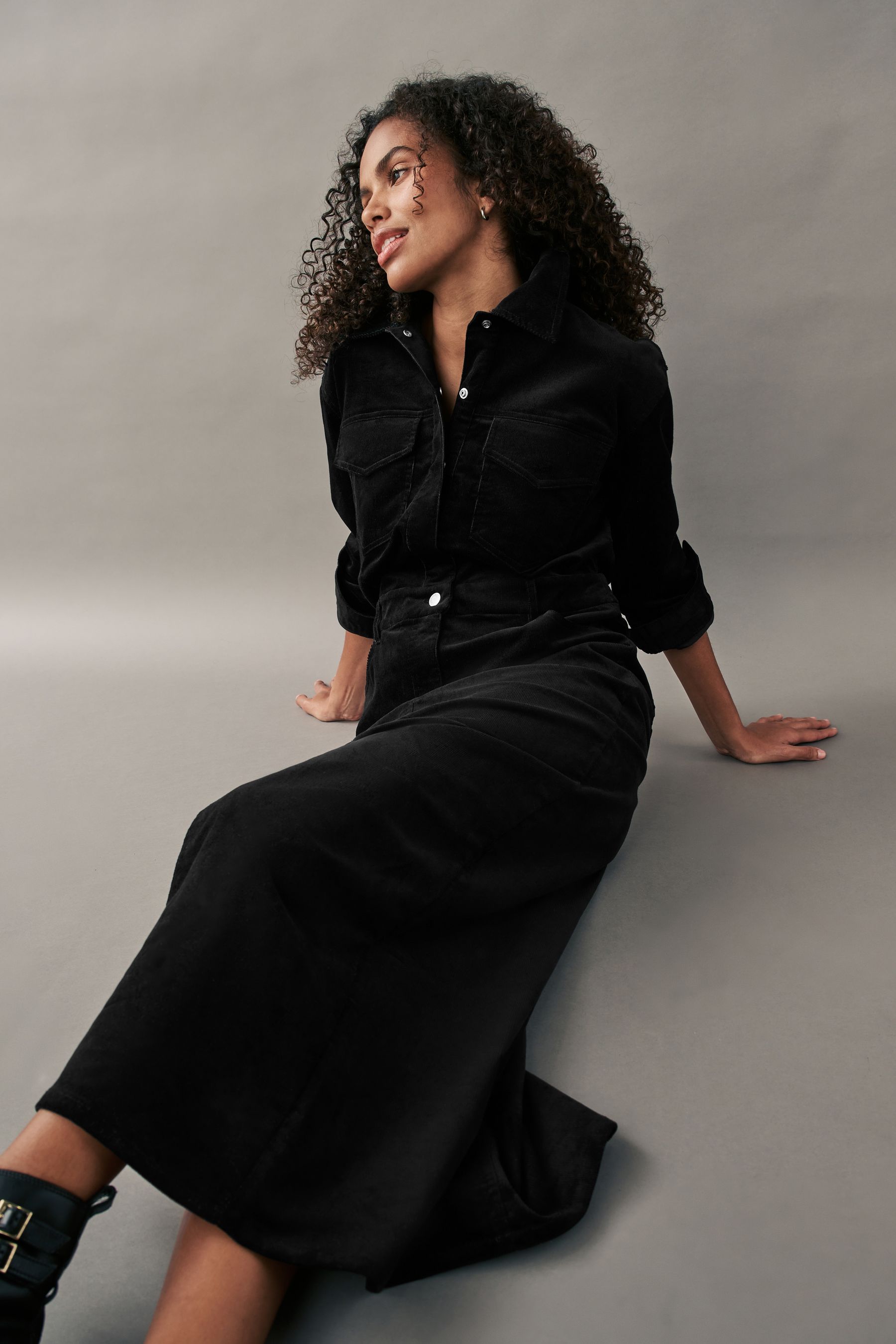 Black Corduroy Midi Dress