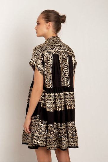 Greek Archaic Kori Embroidered Tiered Black Mini Dress