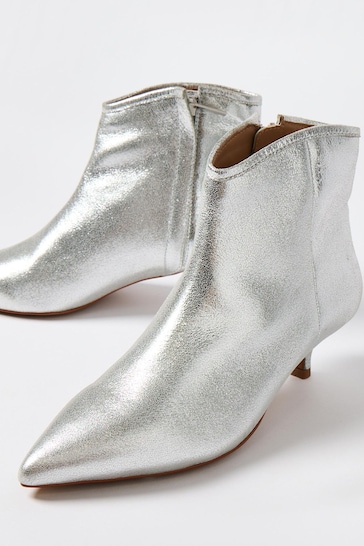Oliver Bonas Silver Pointed Kitten Heel Leather Boots