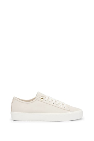 BOSS White Suede Lace Up Trainers With Branded Eyelets