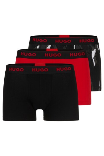 HUGO Grey Of Stretch-Cotton Trunks 3 Pack With Logo Waistbands