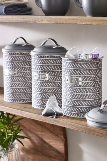 Set of 3 Grey Chevron Printed Badge Storage Tins