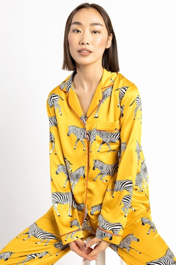Chelsea Peers Yellow Satin Mustard Zebra Print Long Pyjama Set