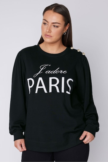 Evans Embroidered Paris Black Sweatshirt With Button Detail