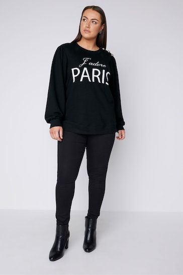 Evans Embroidered Paris Black Sweatshirt With Button Detail