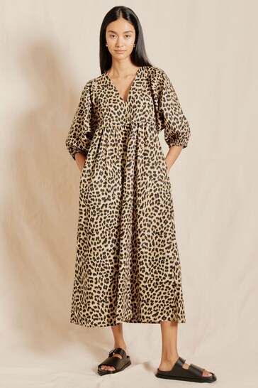 Albaray Animal V-Neck Cotton Brown Dress