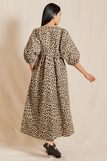 Albaray Animal V-Neck Cotton Brown Dress