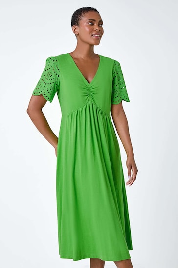 Roman Green Cotton Broderie Sleeve Midi Dress