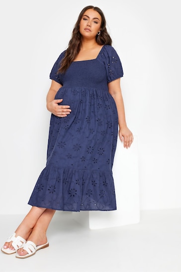 Yours Curve Blue Maternity Broderie Shirred Dress
