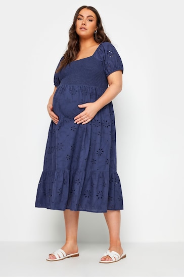 Yours Curve Blue Maternity Broderie Shirred Dress