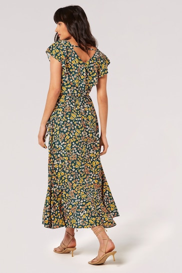 Apricot Green Spaced Ditsy Ruffle Wrap Dress