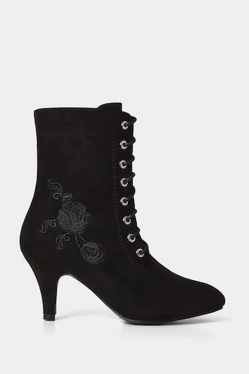 Joe Browns Black Floral Embroidered Heeled Lace-Up Boots