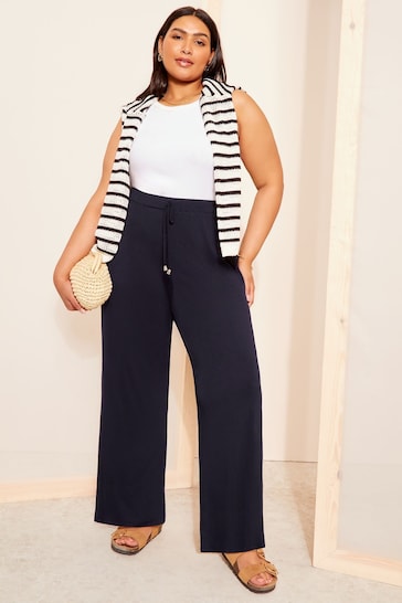 Friends Like These Navy Curve Jersey Wide Leg Trousers