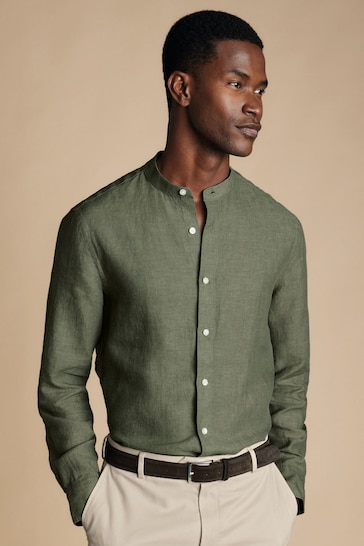 Charles Tyrwhitt Green Plain Slim Fit Pure Linen Collarless Shirt