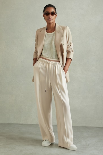 Reiss Cream Fleur Waistband Detail Wide Leg Trousers