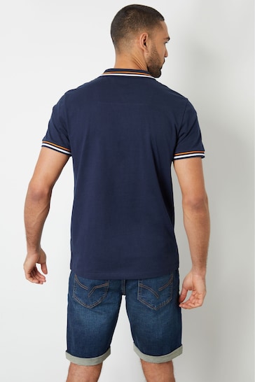 Threadbare Blue Cotton Polo Shirt With Herringbone Detail Collar
