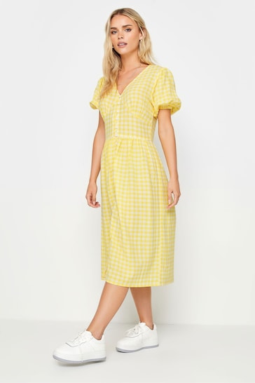 PixieGirl Petite Yellow Yellow Gingham Print Button Through Midi Dress