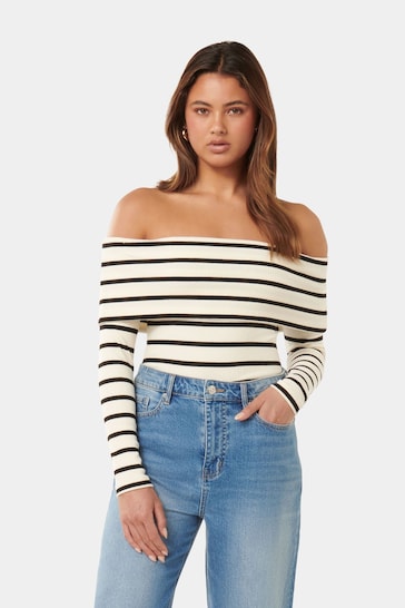 Forever New Cream Louise Ribbed Long Sleeve Bardot Top