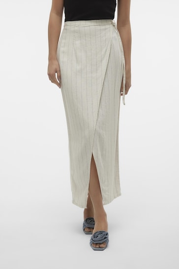 VERO MODA Cream Striped Long Linen Wrap Skirt