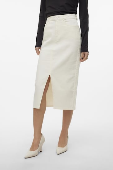 VERO MODA White Denim Midi Skirt with Front Split