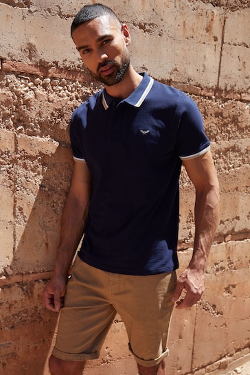 Threadbare Navy Herringbone Tipping Cotton Pique Polo Shirt