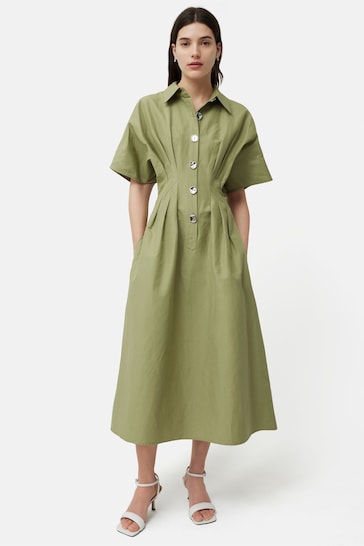 Jigsaw Green Cotton Stitched Pleat Dress