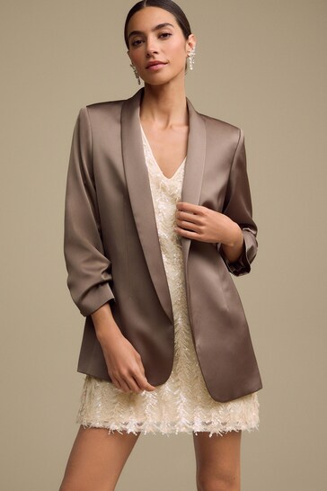 Khaki Green Satin Relaxed Ruched Sleeve Blazer