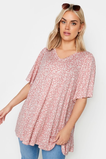 Yours Curve Pink Ditsy Floral Pleated Angel Sleeve Swing Top