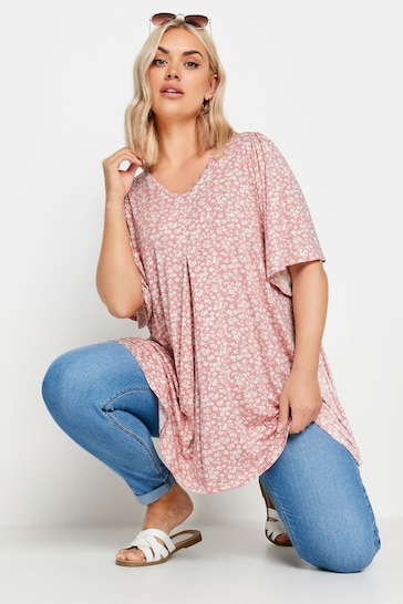 Yours Curve Pink Ditsy Floral Pleated Angel Sleeve Swing Top