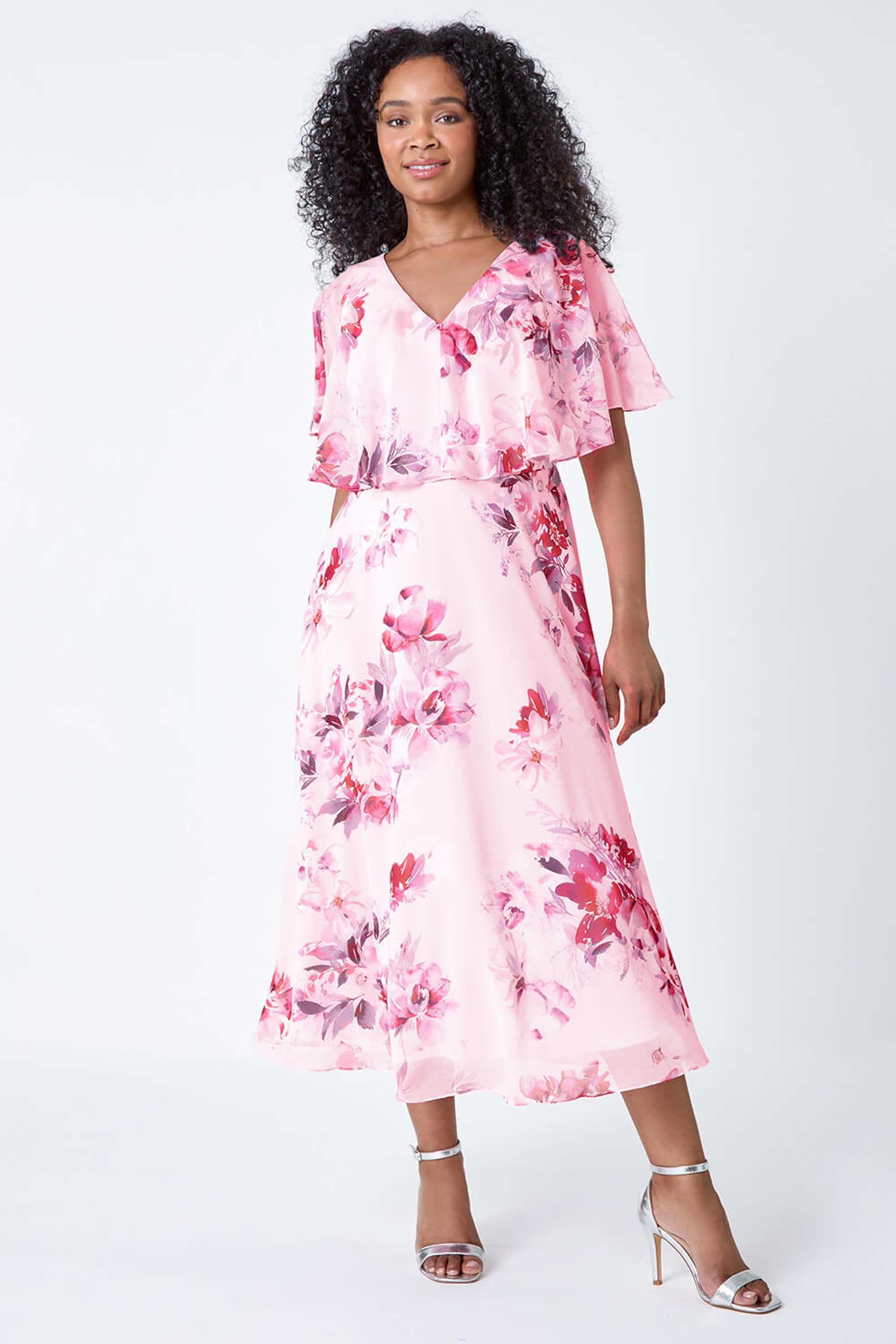 Roman Pink Floral Cape Style Midi Dress