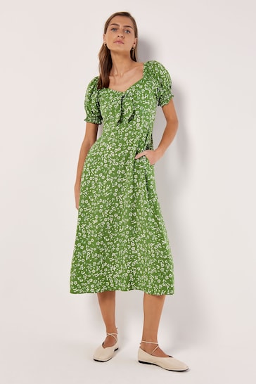 Apricot Green Sarasa Floral Bow Midi Dress