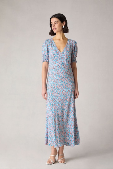 Ro&Zo Petite Blue Ditsy Print Shirred Cuff Midi Dress