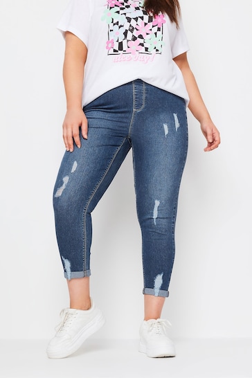 Yours Curve Mid Blue Grace Turn Up Ripped Cropped Jeggings