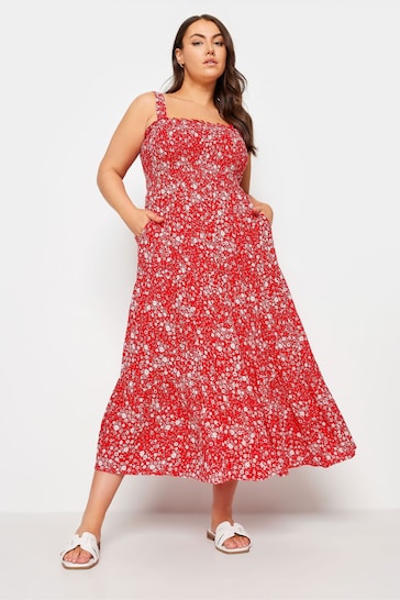 Yours Curve Red Black Abstract Print Shirred Maxi Dress