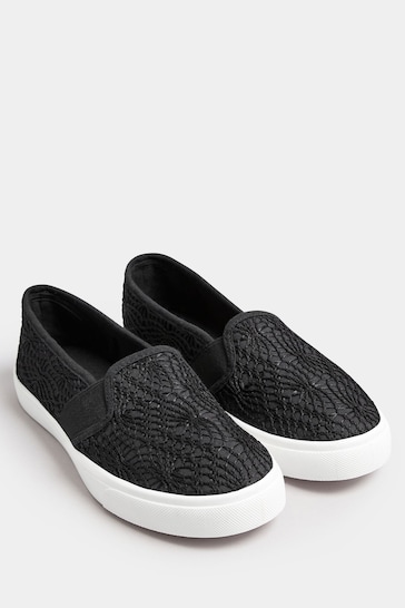 Yours Curve Black Broderie Anglaise Slip-On Trainers In Wide E Fit