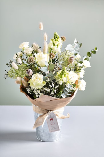 The Chateau by Angel Strawbridge White Rose and Antirrhinum Fresh Flower Bouquet in Pail